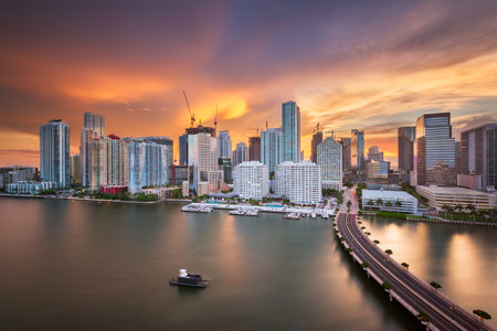 Miami, Florida, USA skyline over Biscayne Bay at dusk.の写真素材
