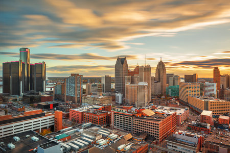 Detroit, Michigan, USA downtown skyline from above at dusk.のeditorial素材