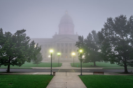 Frankfort, Kentucky, USA with the Kentucky State Capitol in a fog.の写真素材