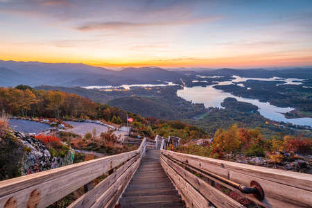 Hiawassee, Georgia, USA landscape with Chatuge Lake in early autumn at dusk.の写真素材