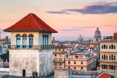 Havana, Cuba downtown skyline from the port at dawn.の写真素材
