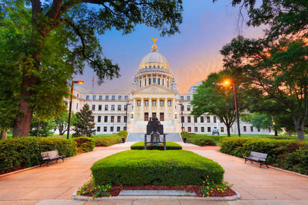 Mississippi State Capitol in Jackson, Mississippi, USA at twilight with the Monument to Women of the Confederacy dating from 1917.の写真素材