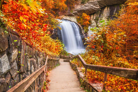 Looking Glass Falls in Pisgah National Forest, North Carolina, USA with early autumn foliage.の写真素材