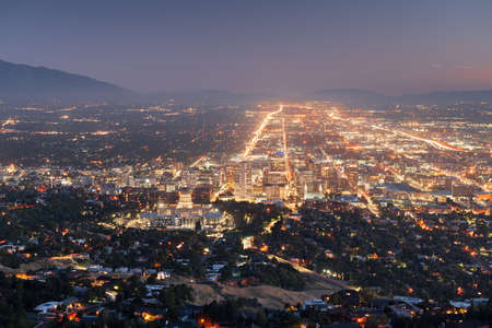 Salt Lake City, Utah, USA downtown city skyline at dusk.