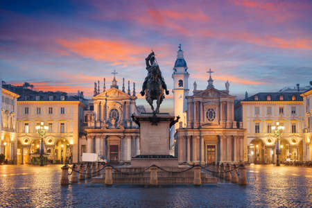 Turin, Italy at Piazza San Carlo during twilight.の写真素材