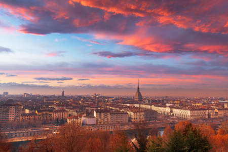 Turin, Piedmont, Italy skyline with the Mole Antonelliana at dusk.の写真素材