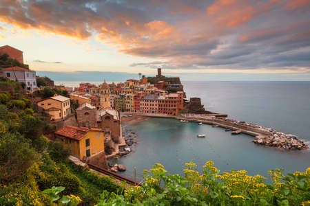 Vernazza, La Spezia, Liguria, Italy in the Cinque Terre region at dusk.