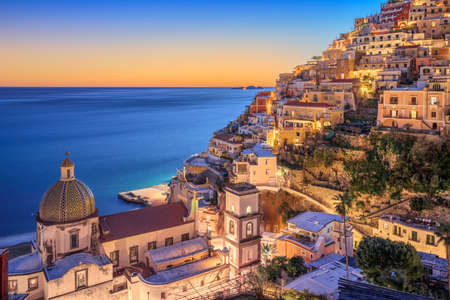 Positano, Italy along the Amalfi Coast at dusk.の写真素材