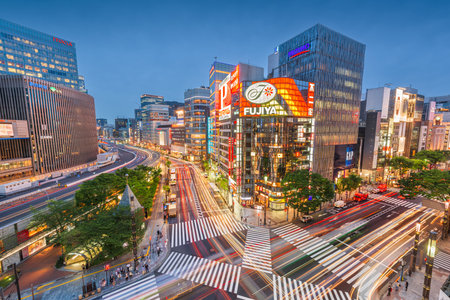 TOKYO, JAPAN - MAY 9, 2017: The Ginza district at night. Ginza is a popular upscale shopping area of Tokyo.のeditorial素材