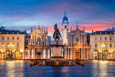 Turin, Italy at Piazza San Carlo during twilight.の写真素材