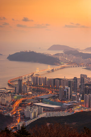 Skyline of Busan, South Korea from above at dusk.のeditorial素材