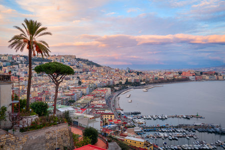 Naples, Italy along the Gulf of Naples at dusk.のeditorial素材