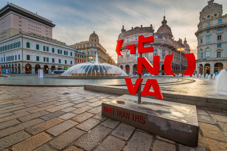 GENOA, ITALY - DECEMBER 30, 2021: Piazza De Ferrari at the fountain in the morning.のeditorial素材