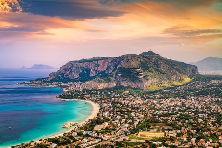 Palermo, Sicily, Italy in the Mondello borough from above at dusk.の写真素材
