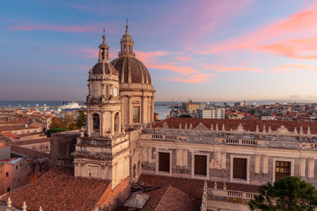 Catania Cathedral in Catania, Sicily, Italy at dusk.の写真素材