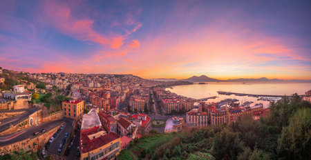 Naples, Italy aerial skyline on the bay with Mt. Vesuvius at dawn.の写真素材