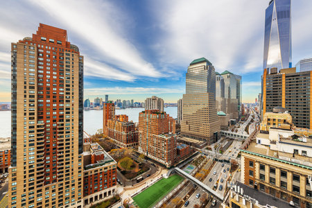New York, New York, USA financial district cityscape over the West Side Highway in the afternoon.の写真素材