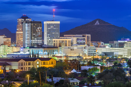 Tucson, Arizona, USA downtown skyline with Sentinel Peak at dusk. (Mountaintop "A" for "Arizona")の写真素材