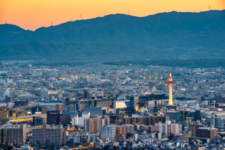 Kyoto, Japan city skyline from above at dusk.の写真素材