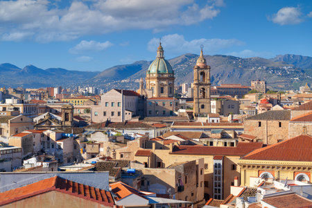 Palermo, Sicily town skyline with landmark towers in the morning.の写真素材