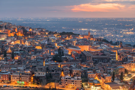 Tivoli, Italy town view from above at dusk.の写真素材