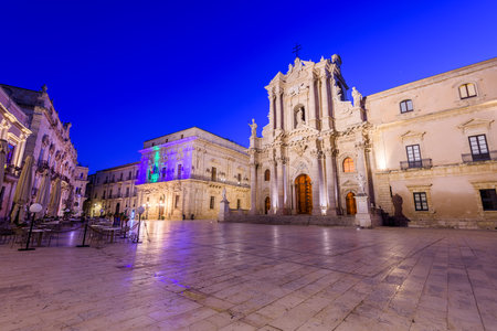 Cathedral of Syracuse in Syracuse, Sicily at twilight.の写真素材