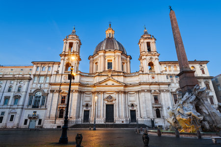 Piazza Navona at the Obelisk and Sant'Agnese in Rome, Italy at twilight.の写真素材