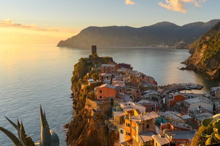 Riomaggiore, Italy, in the Cinque Terre coastal area during blue hour.の写真素材