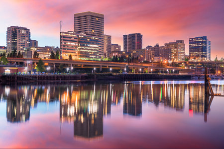 Tacoma, Washington, USA downtown skyline at dusk on Commencement Bay.の写真素材