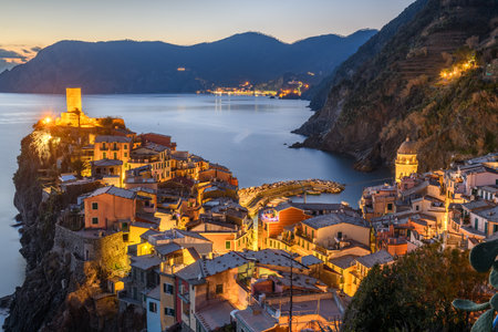 Vernazza, La Spezia, Liguria, Italy in the Cinque Terre region at dusk.の写真素材