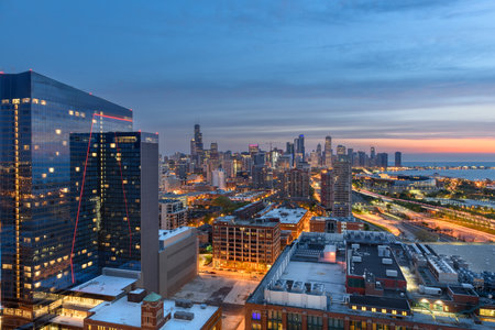 Chicago, Illinois, USA downtown city skyline from the south side at twilight.の写真素材