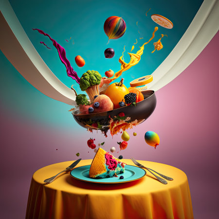 Abstract colorful food items colliding in midair to create vivid paints and spattered objects above a neatly set table. Generative AI.の素材