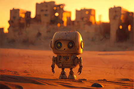 A sad child robot in a dystopian desert landscapeの素材