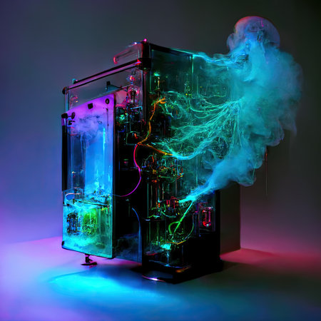 Hypothetical future technologies emitting smoke from a failure. Generative AI.の素材