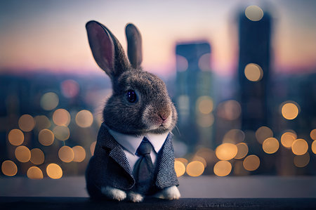 Cute bunny in a business suit with a bokeh city background. Generative AI.の素材