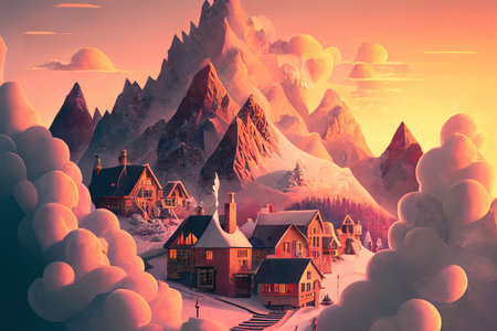 Sunset in a snowy mountain village. Generative AI.の素材