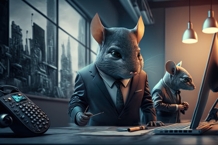 A couple of mice in suits conducting business in an office. Generative AI.の素材