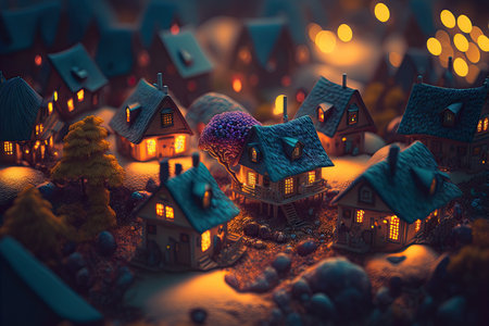 Tiny fantasy village at dusk. Generative AI.の素材