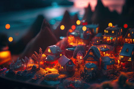An idyllic miniature fantasy town. Generative AI.の素材