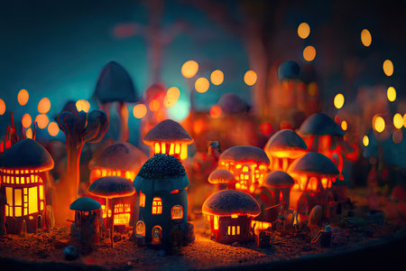 Tiny fantasy mushroom town. Generative AI.の素材