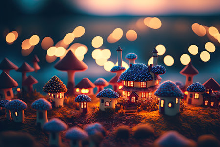 Tiny fantasy mushroom town. Generative AI.の素材