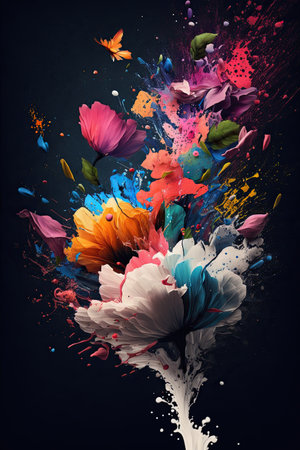 Splashes of colorful paint and flowers. Generative AI.の素材