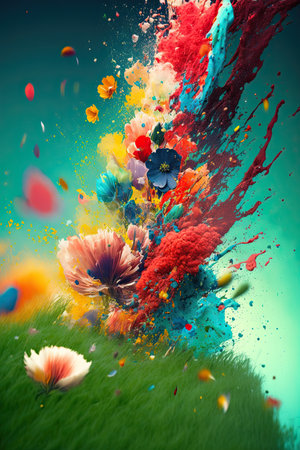 Splashes of colorful paint and flowers. Generative AI.の素材