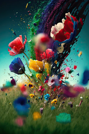 Splashes of colorful paint and flowers. Generative AI.の素材