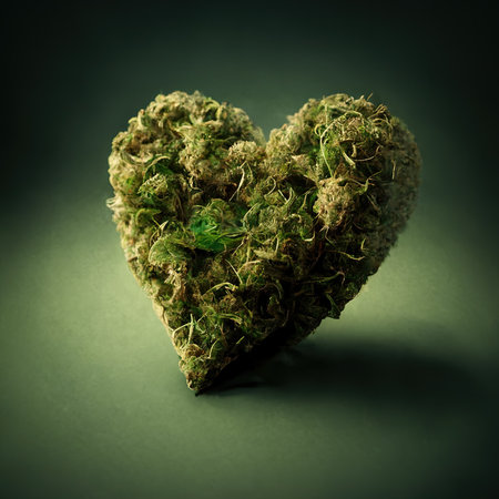 Marijuana buds in a heart shape. Generative AI.の素材