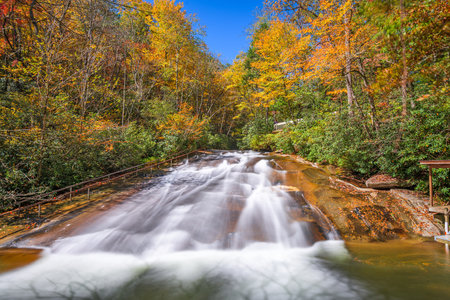 Sliding Rock Falls on Looking Glass Creek in Pisgah National Forest, North Carolina, USA in the autumn season.の写真素材