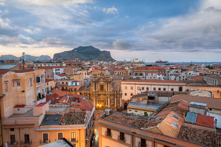 Palermo, Italy cityscape view towards Mt. Pellegrino and the port.の写真素材