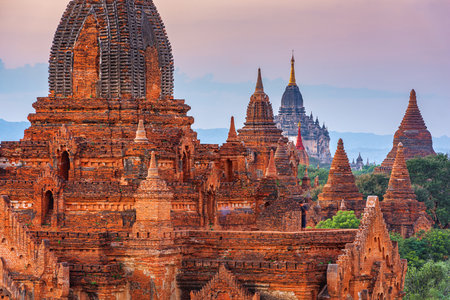 Bagan, Myanmar temples in the Archaeological Zone at dusk.の写真素材