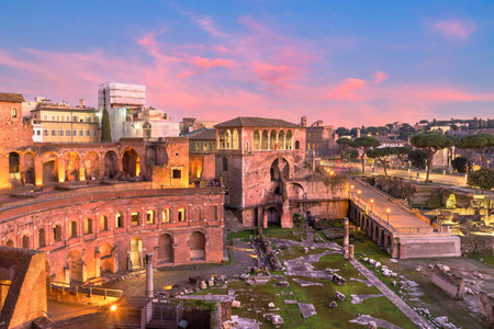 Rome, Italy overlooking Trajan's Forum at dusk.の写真素材