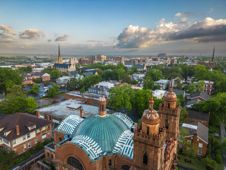 Wilmington, North Carolina, USA historic churches and downtown viewed from above.の写真素材